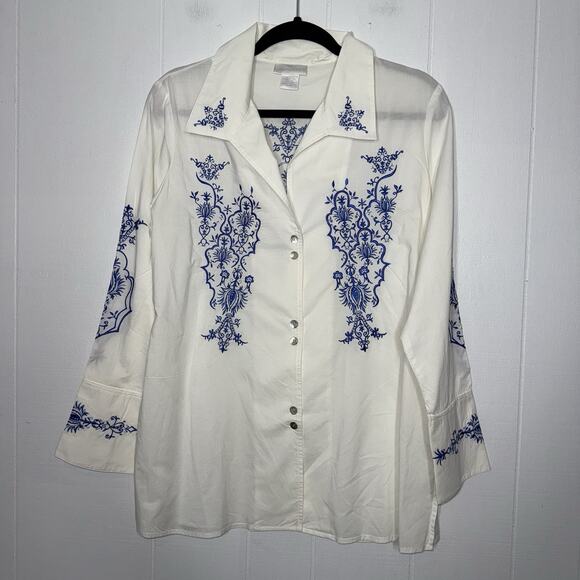 Soft Surroundings Vintage Women’s Embroidered Tunic Top White Blue Size Medium - Picture 1 of 5